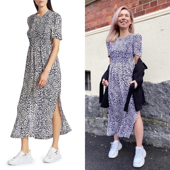 BAUM UND PFERDGARTEN Silk Short Sleeve Leopard Print Smocked Front Midi Dress 14 - Picture 3 of 16